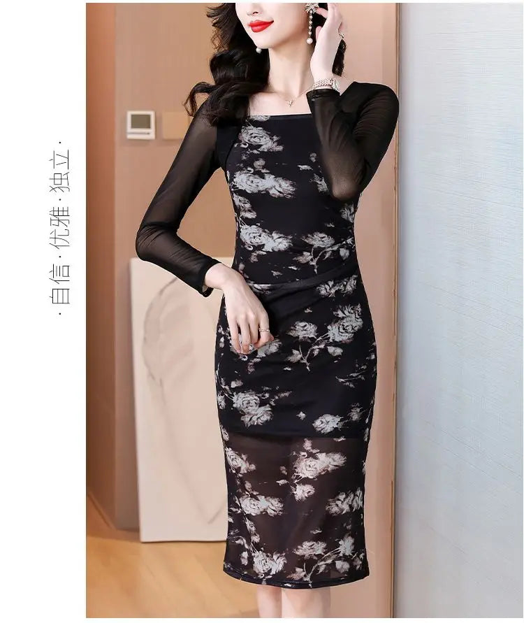 Women's 2025 New Slim Hip Square Neckline Temperament Dress
