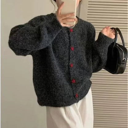 Korean Round Neck Versatile Design Caring Girl Button Knit Cardigan 2024 Autumn and Winter New Sweater Jacket Women's Top
