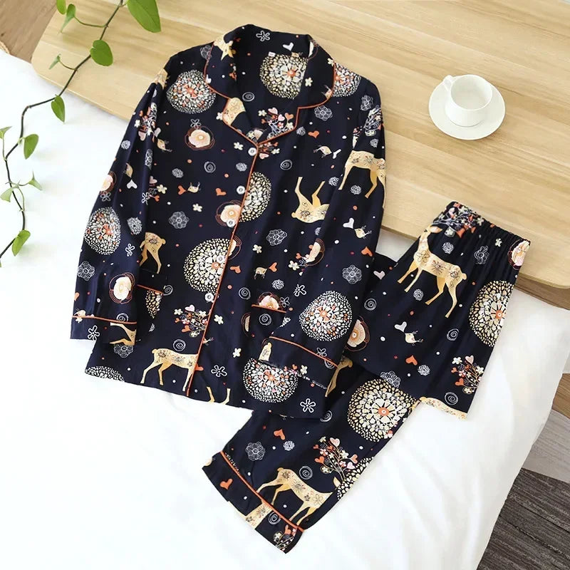 Spring and autumn ladies cute cartoon floral viscose fiber pajamas two-piece long-sleeved home service cotton summer thin shorts 014