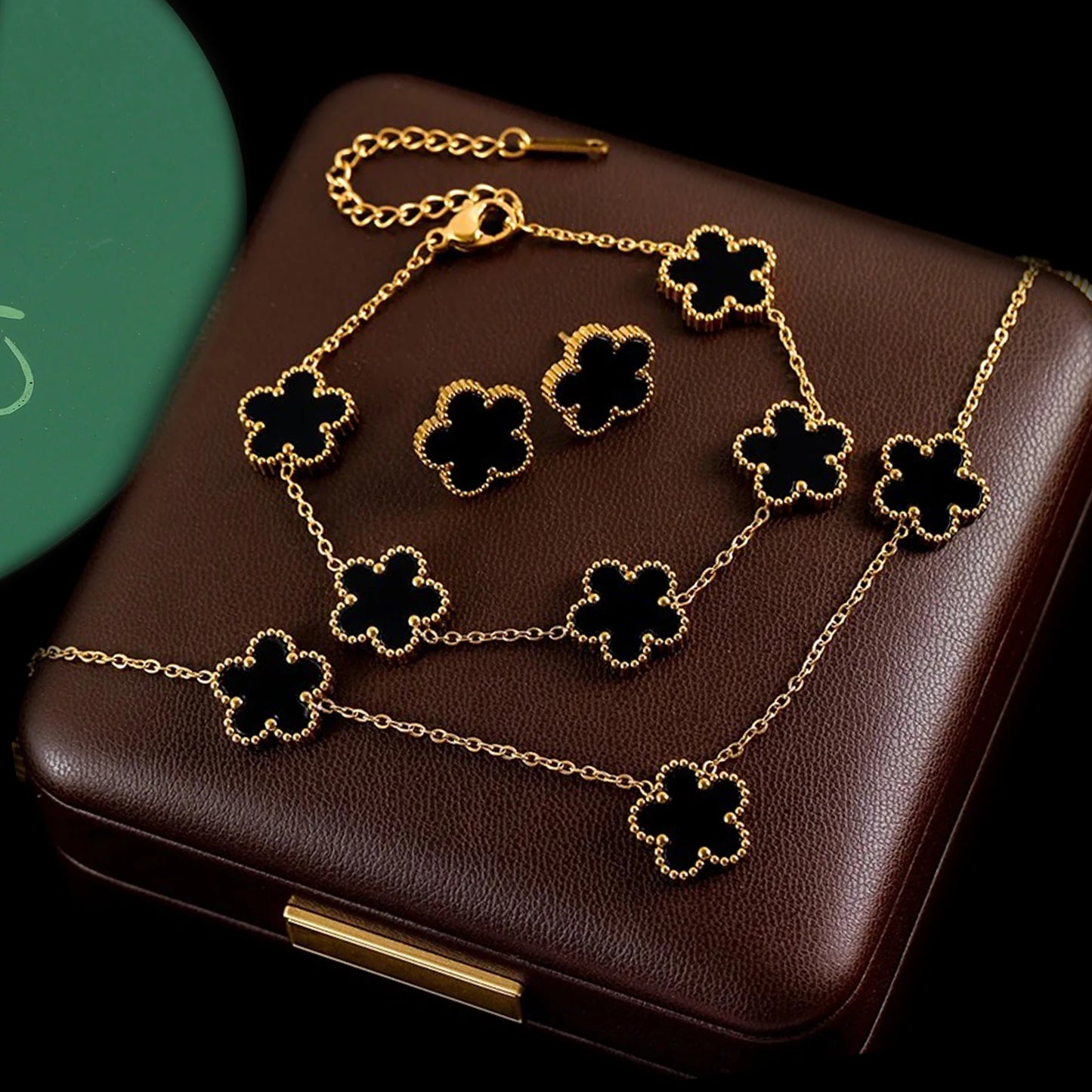 3Pcs Stainless Steel Hot Selling Gold Plated Clover Necklace Earrings Bracelet Jewelry Set Five Leaf Flower Jewelry For Women