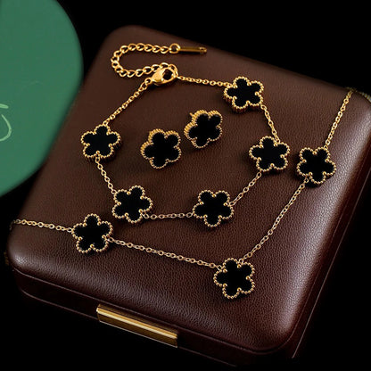 3Pcs Stainless Steel Hot Selling Gold Plated Clover Necklace Earrings Bracelet Jewelry Set Five Leaf Flower Jewelry For Women