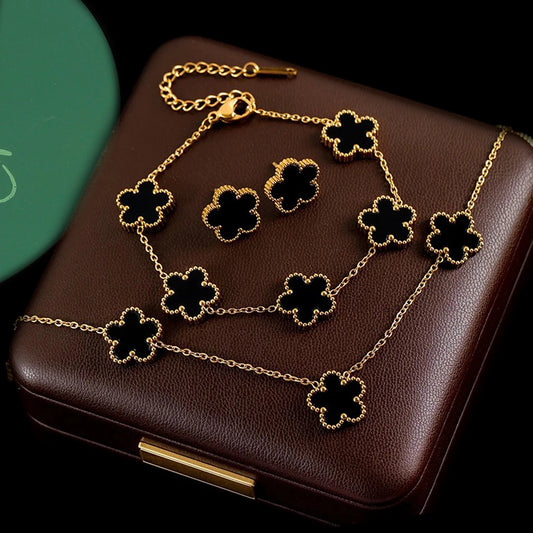 3Pcs Stainless Steel Hot Selling Gold Plated Clover Necklace Earrings Bracelet Jewelry Set Five Leaf Flower Jewelry For Women