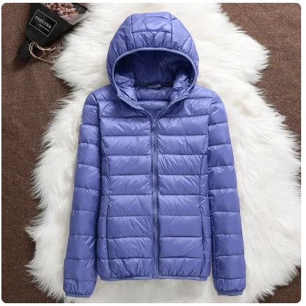 Plus Size 2023 Autumn and Winter New Women Lightweight Puffer Jacket Female Hooded Slim-fit White Duck Down Warm Short Coats haze blue