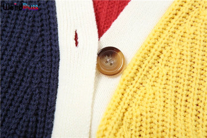 Weird Puss Y2K Cardigan Sweater Women Letter Print Casual Wild V-Neck Button Colorful Patchwork Street Trend Hipster Knit Coat