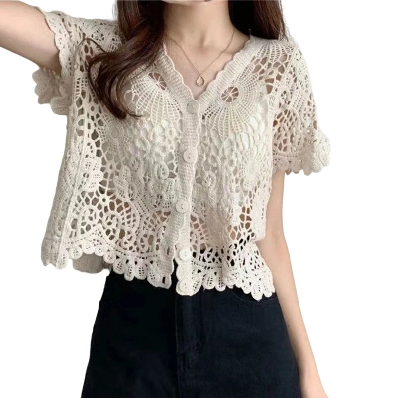 Women French Style Short Sleeve Lace Shrug Hollow Out Crochet Knit Cardigan V-Neck Button Down Sheer Crop for Jac Beige One Size