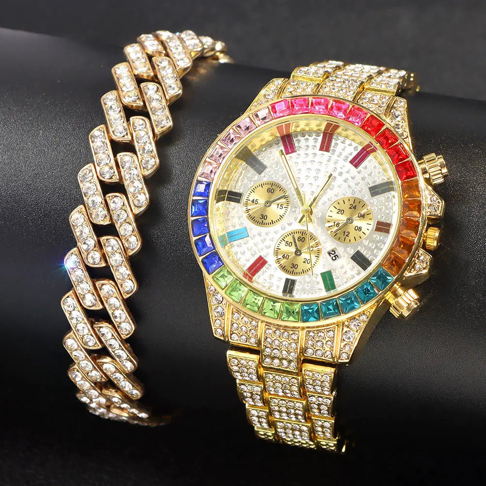 Fashion Hiphop Women Quartz Watch Luxury Cuban Bracelet Chain Sets Rhinestones Dress Wristwatch For Ladies Gift Gold with Bracelet