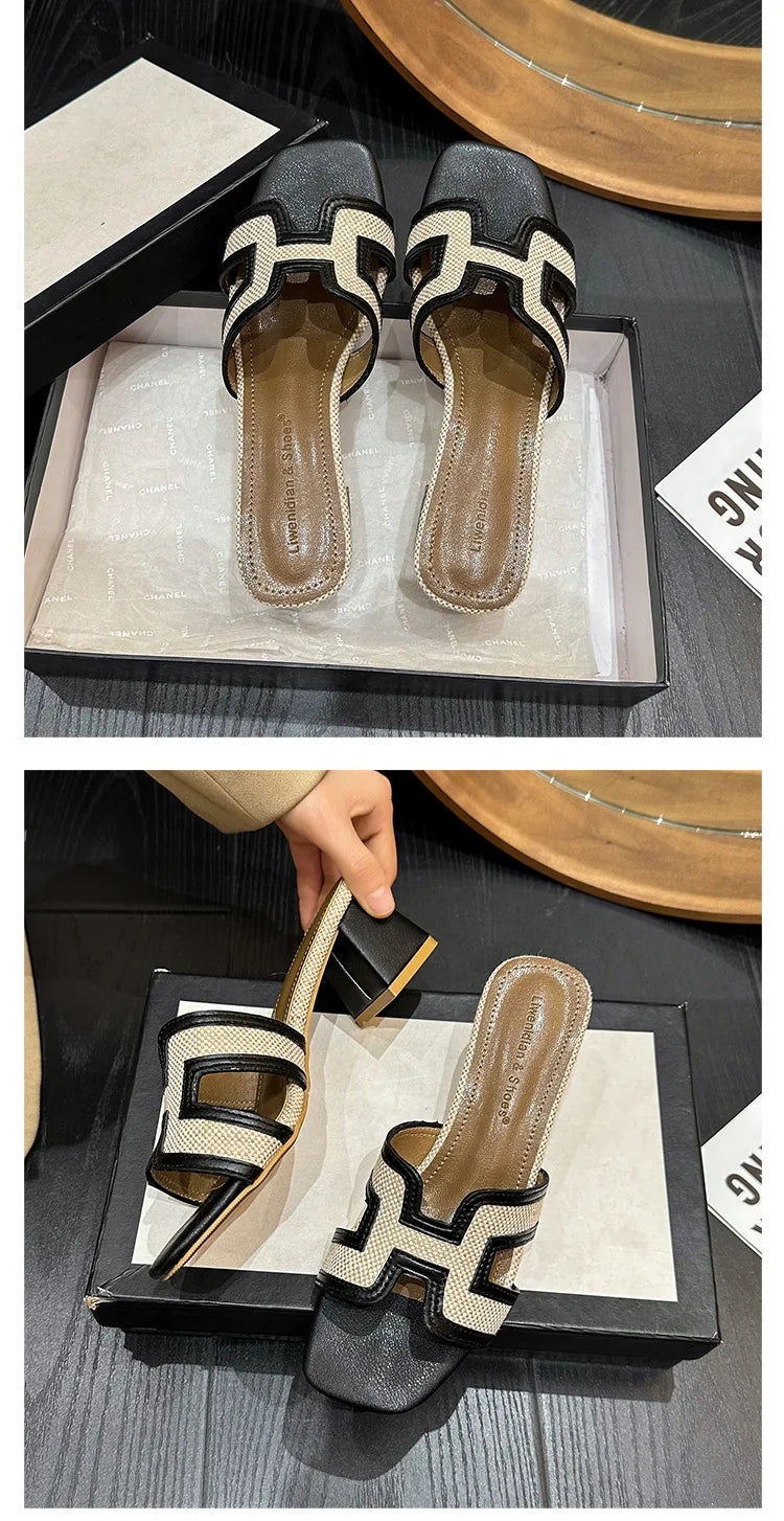 2025 Summer new arrival,fashion style grids high heel slippers for woman,thick heel outwear beach sandals for women