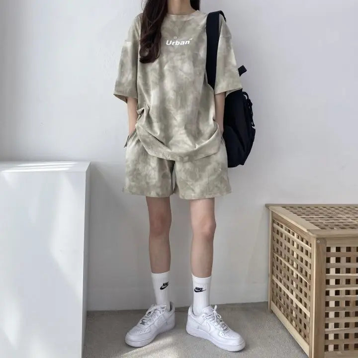 Women Summer 2024 New Fashion Cool Tie Dye Two-Piece Set Leisure And Comfortable Loose Elastic Waist Shorts Set