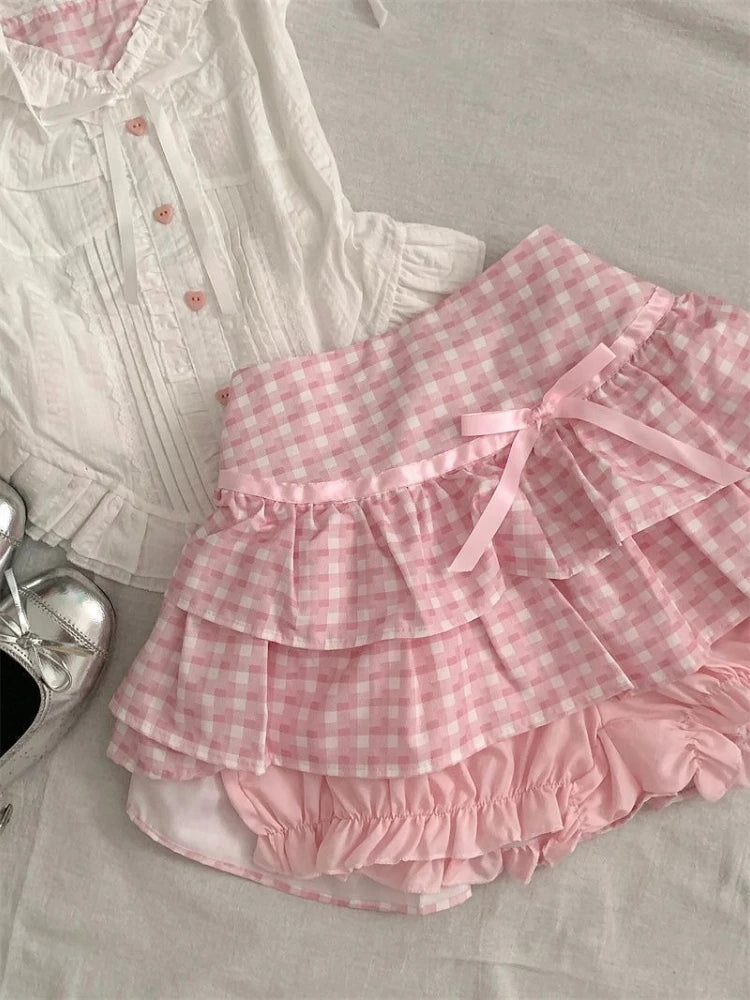 Summer Japanese Sweet Cute Women Outfits Bubble Sleeve Top + Pink Plaid Cake Skirt Harajuku Pure Desire Slim Two Piece Sets 2025 Only Skirt