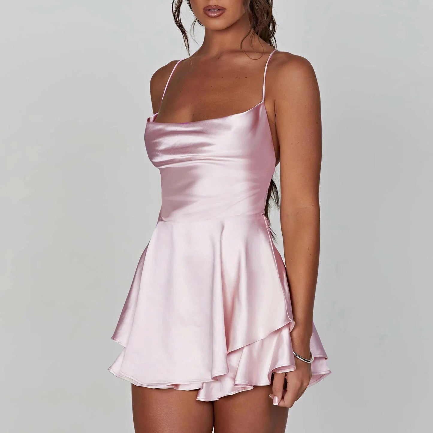 Satin Silk Women Sexy Cami Playsuits Dress Solid Cowl Neck Sleeveless Short Jumpsuits Summer Cross Tie-Up Backless Romper Badiee Stylez