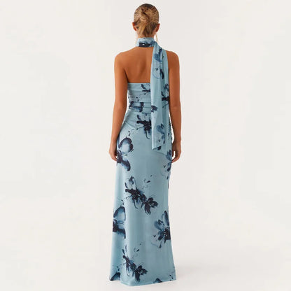 Elegant Floral Print Maxi Dress Backless Sleeveless Long Robes High Waist Slimming Dresses 2025 New Lady Vacation Beach Clothing