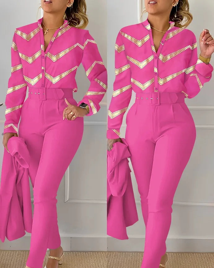 Autumn Winter Stand Neck Floral Print Long Sleeve Shirt Pants Two Piece Sets Elegant Women Casual Shirt Trousers Suits With Belt