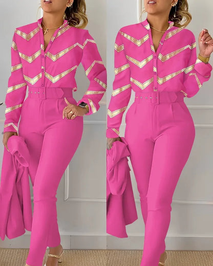 Autumn Winter Stand Neck Floral Print Long Sleeve Shirt Pants Two Piece Sets Elegant Women Casual Shirt Trousers Suits With Belt