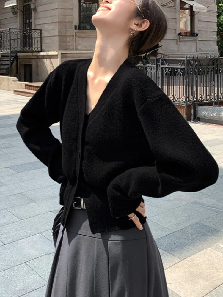AOSSVIAO Knitted Casual Cardigan 2025 Autumn Winter Elegance Solid Color V-neck Sweater Unique and Niche Slim Fit Tops Badiee Stylez