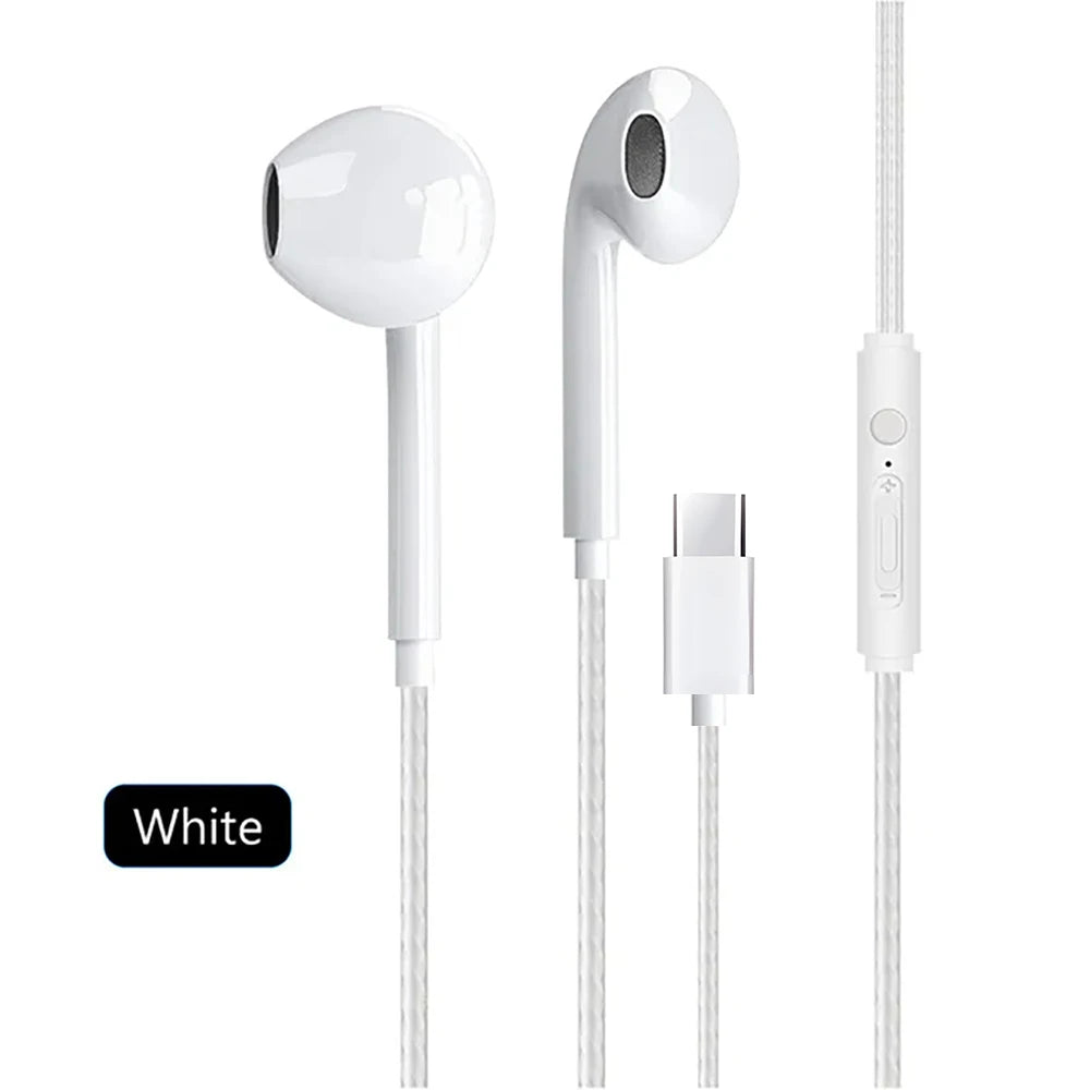 Type C Wired Earphones In Ear Headset Game 3.5mm Wired Headphones with Microphone Bass Stereo Earbuds In-line Control For Phones Type C White