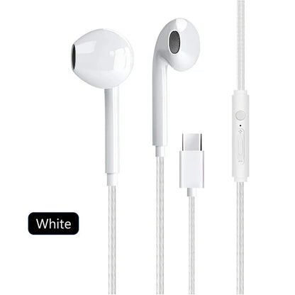 Type C Wired Earphones In Ear Headset Game 3.5mm Wired Headphones with Microphone Bass Stereo Earbuds In-line Control For Phones Type C White