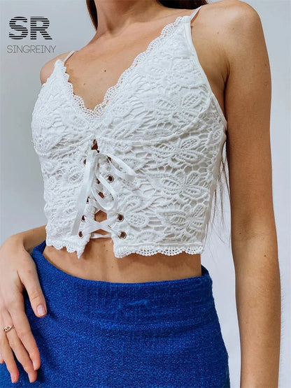 SINGREINY Sexy Lace Strap Crop Tops For Women Fashion Sleeveless Design Corset Bustier Party Top Summer Bralette Short Camisole
