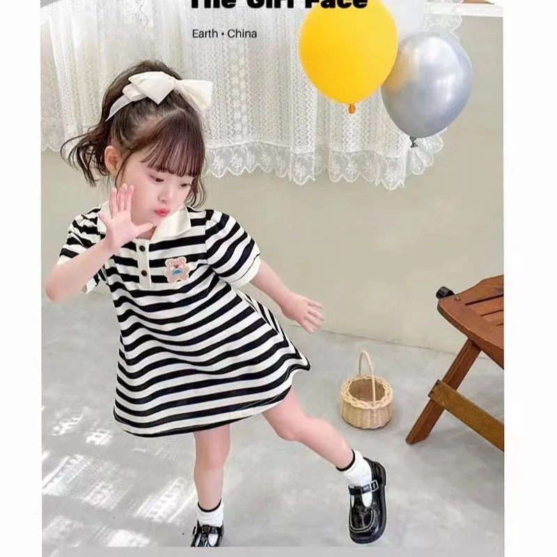 Girls Stripes Dresses Spring Autumn Kids Short Sleeve Polo Neck Sweatshirt Dress Teen Fashion T-Shirt Dress Clothes 2-10 Years