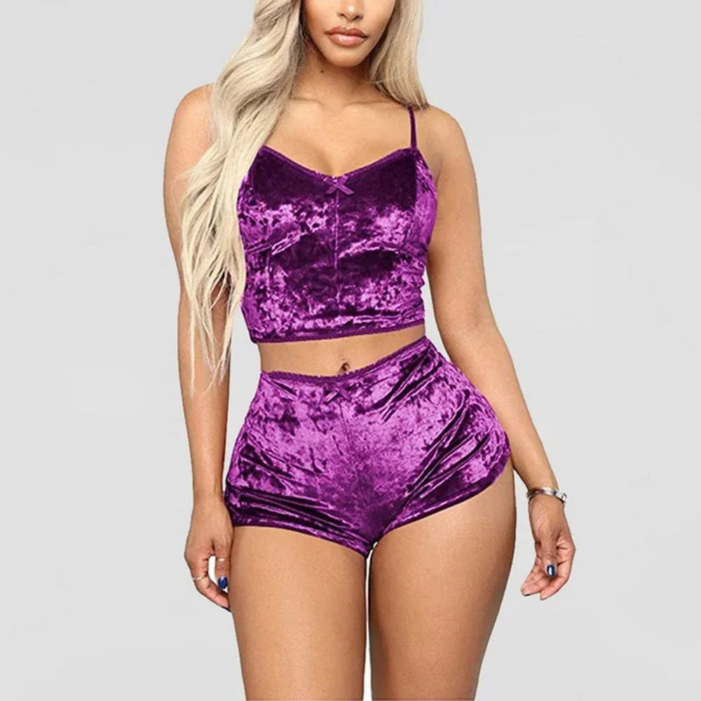 Women's Velvet Sleeveless V-neck Underwear Polyester Setcamisole+shorts Pajamas Set Comfortable Home Clothes Top Pants PURPLE