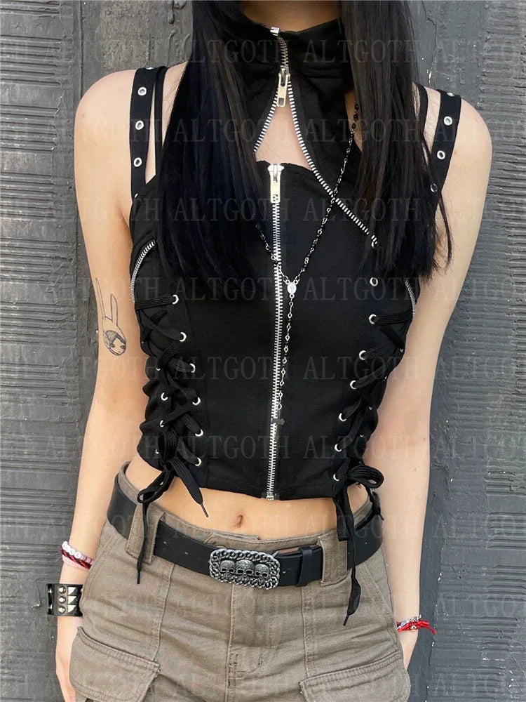 Y2k Dark Punk Gothic Corset Vest Women 2024 High Waist Bandage Crop Tank Tops Streetwear Emo Alt Harajuku Halter Rave Outfits
