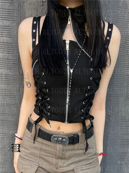Y2k Dark Punk Gothic Corset Vest Women 2024 High Waist Bandage Crop Tank Tops Streetwear Emo Alt Harajuku Halter Rave Outfits