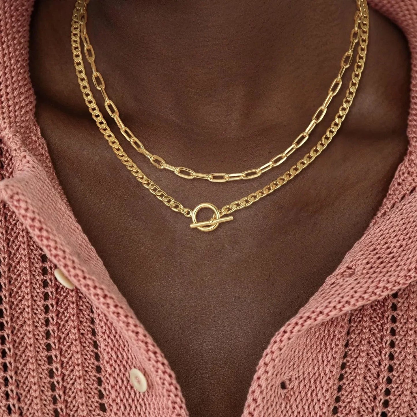 Gold Layered Necklace for Women K Gold Plated Necklace Women Cuban Link Paperclip Chain Toggle Clasp Necklace Jewelry for Women