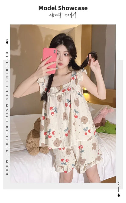 Summer Spwear Women's 2025 New Japanese Sle Fre Vest orts Woven Cotton Thin Home Clothes Set Sweet Print ort Pants