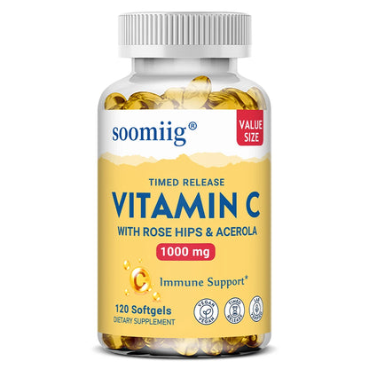 Vitamin C W/Rose Hips & Acerola | 1000mg | Two-Stage Timed-Release Healthy Immune Function, Skin, Hair & Nails Support | Non-GMO 120 count -1 bottle