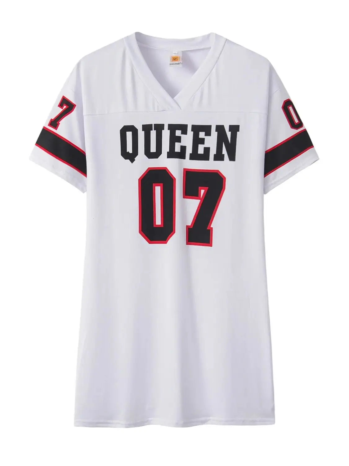 Fashion V-Neck Queen Letters Print Dress Short Sleeve Basketball Sporty Style Sexy Loose Female Clothing Streetwear Loungewear