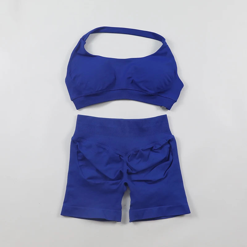 Fitness Shorts Sets Seamless Yoga Set Women 2Pcs Halter Sports Bra Scrunch Butt Gym Shorts Set Workout Clothes Summer Sportswear Badiee Stylez