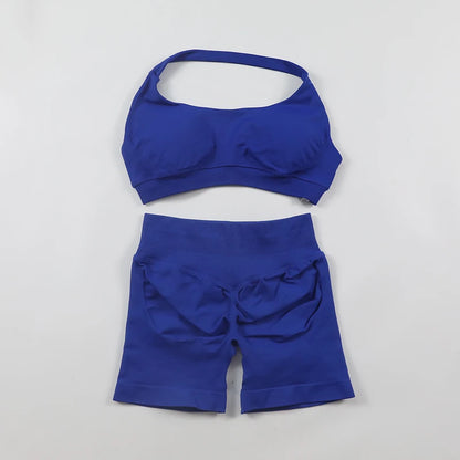 Fitness Shorts Sets Seamless Yoga Set Women 2Pcs Halter Sports Bra Scrunch Butt Gym Shorts Set Workout Clothes Summer Sportswear Badiee Stylez