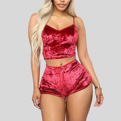 Women's Velvet Sleeveless V-neck Underwear Polyester Setcamisole+shorts Pajamas Set Comfortable Home Clothes Top Pants wine red