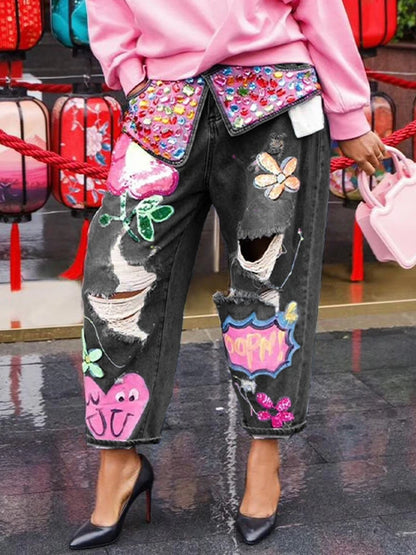 Chic Women Spring Floral Embroidery Diamonds Beaded Holes Denim Pants High Waist Loose Rhinestones Jeans Cowboy Broken Trousers black CHINA