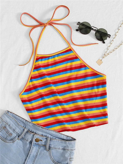 Rainbow Rib-knit Striped Halter Top Women Summer Y2K Clothes Sexy Korean Fashion Backless Sleeveless Crop Top Streetwear 2023