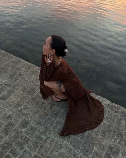 DSMTRC 2025 Holiday Knitted See-throught Cardigan Dress V Neck Long Flare Sleeves Leisure Long Trendy Single Breasted Autumn