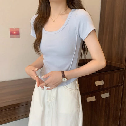 Y2K T-shirt Women V-neck Irregular Short Sleeve Crop Top New Korean Fashion Slim High Waist Solid Tee Shirt Woman Sexy Clothes