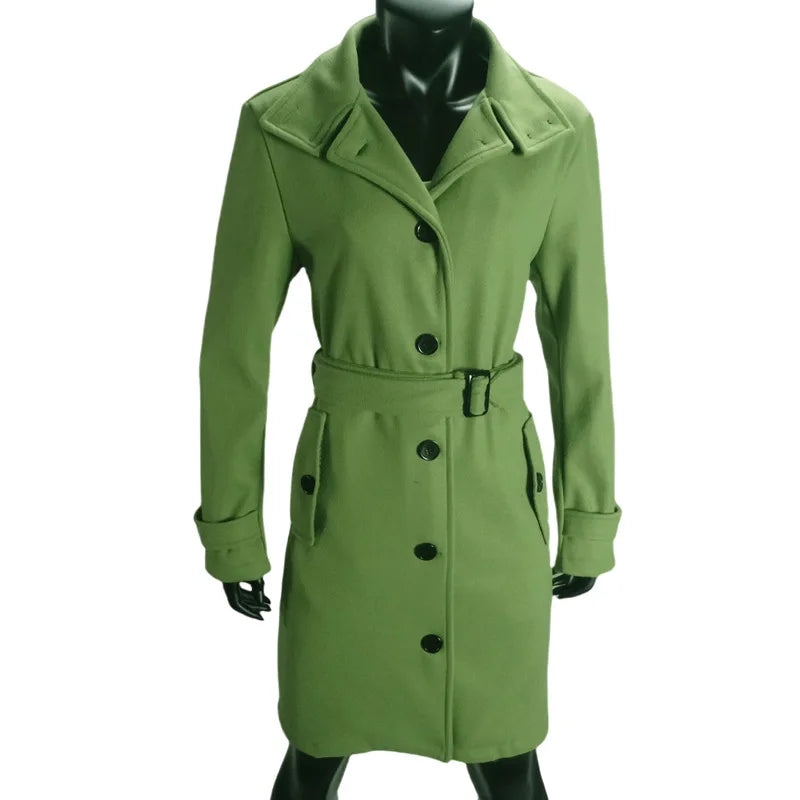 New Solid Color Button Long Wool Coat Autumn Warm Stand Collar Women Coat Fashion Ladies High Neck Pocket Belt Trench Coat