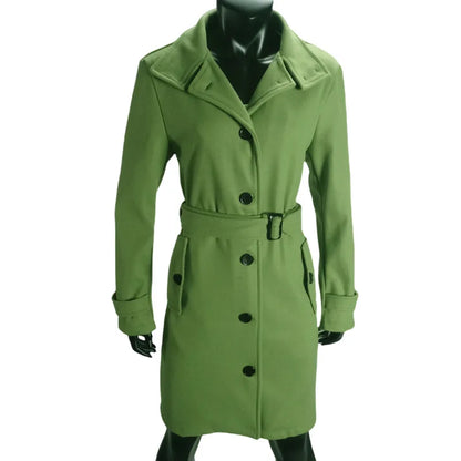 New Solid Color Button Long Wool Coat Autumn Warm Stand Collar Women Coat Fashion Ladies High Neck Pocket Belt Trench Coat Badiee Stylez