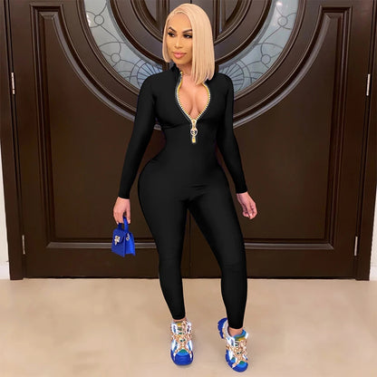 Women's Bodycon One-piece Jumpsuit Long Sleeved Big Zipper Female Casual Sport Workout Skinny Activity Wear Overalls Tops Badiee Stylez