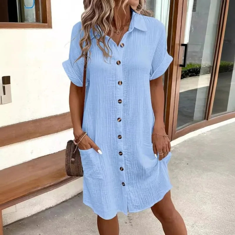 Women's Fashion Summer Minimalist V-neck Button Up Dress Woman Cotton Linen White Short Sleeved Pocket Casual Loose Shirt Dress Badiee Stylez