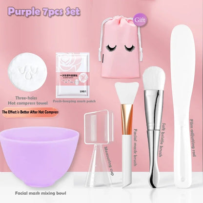 Silicone Face Mask Mixing Bowl Set Mixing Stick Spa Tool Beauty Salon Bowl Spoon Mask Mud Film Brush Silicone Facial Skincare Purple-7pcs