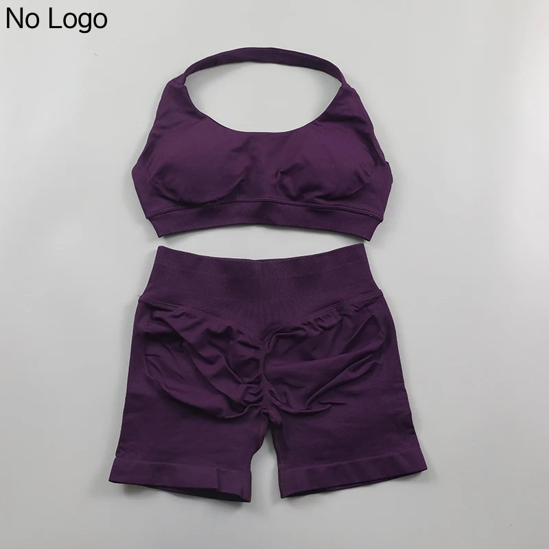 Fitness Shorts Sets Seamless Yoga Set Women 2Pcs Halter Sports Bra Scrunch Butt Gym Shorts Set Workout Clothes Summer Sportswear Badiee Stylez