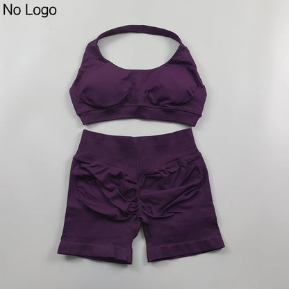 Fitness Shorts Sets Seamless Yoga Set Women 2Pcs Halter Sports Bra Scrunch Butt Gym Shorts Set Workout Clothes Summer Sportswear Badiee Stylez