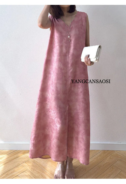 2025 Women's Summer New Luxury 100% Natural Mulberry Silk Jacquard Satin V-neck Split Double Sided Sleeveless Vest Dress Badiee Stylez