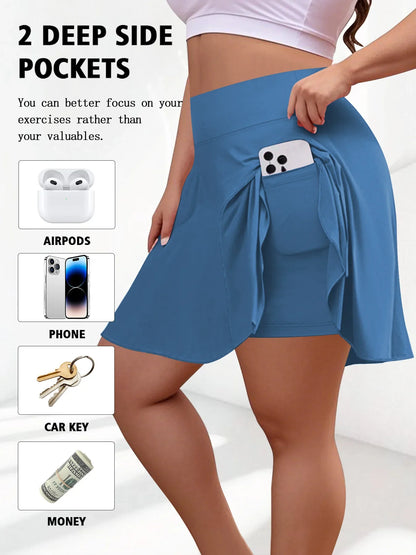 Plus Size Women with Pocket Short Skirt Fitness Short Skirt High Waist Fashion 200lbs Sports Short Skirt Gym Outdoor Solid Skirt