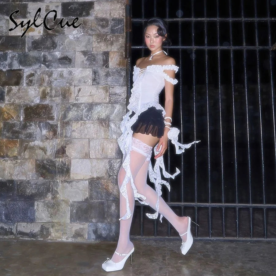 Sylcue Summer New Fashionable High Street Sweet Gentle Sexy Youth Girls Solid Color Shoulder Fringe Long Top