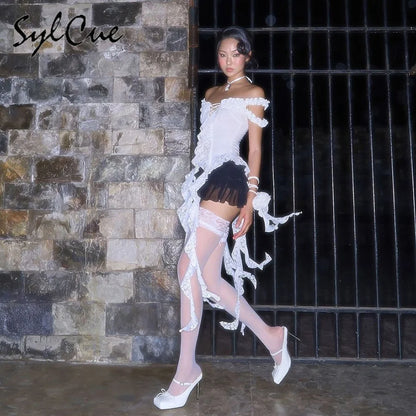 Sylcue Summer New Fashionable High Street Sweet Gentle Sexy Youth Girls Solid Color Shoulder Fringe Long Top