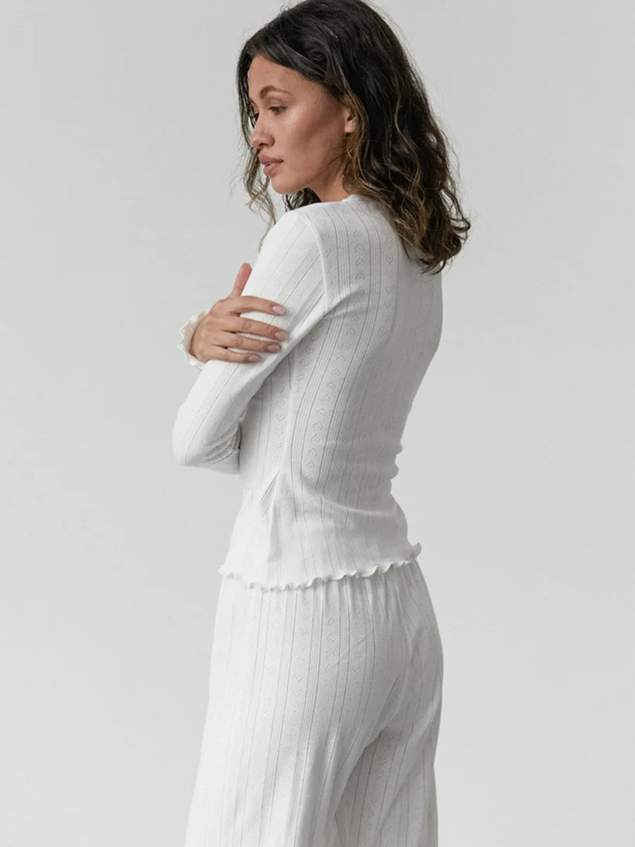 Mozuleva Love Jacquard Long Sleeved Pajamas Set Women's Spring Knitted Cardigan Pants Pajamas Comfortable Women Home Clothes