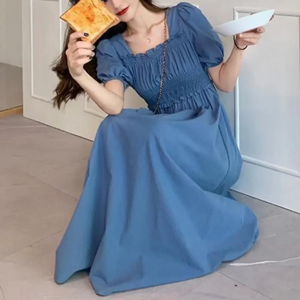 Summer Women Dress Pleated Shirring Square Neck Short Sleeve Bubble Sleeve Ladies Dress Solid Color Loose Hem Midi Dress