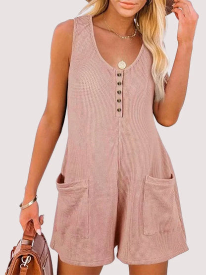 Women Loose Overalls Boho Solid Color V Collar  Pocket Sleeveless Rompers Summer Casual Clothes Short Jumpsuit Badiee Stylez